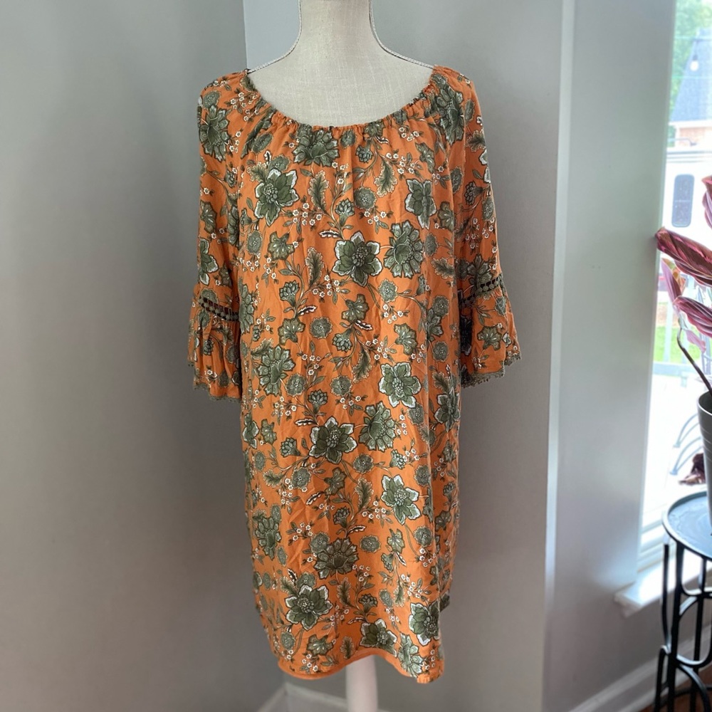 Ruby Rd. Orange Floral Print Rayon Mini Dress - Picture 1 of 5